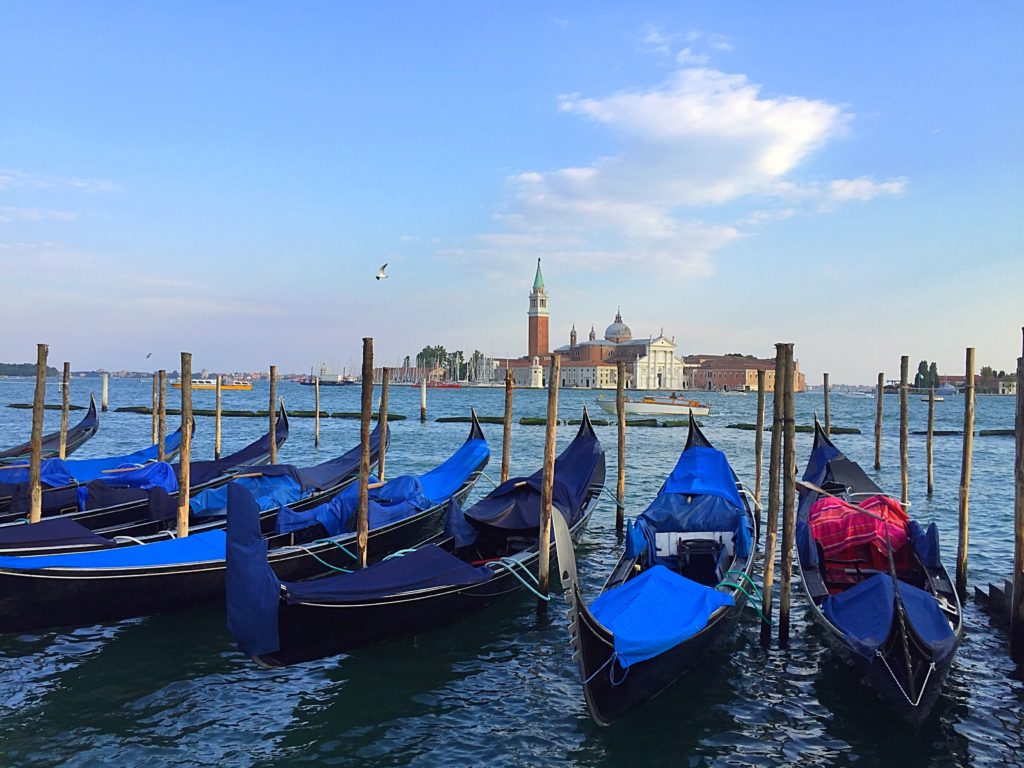 Venice boats and waterfront in Italy.